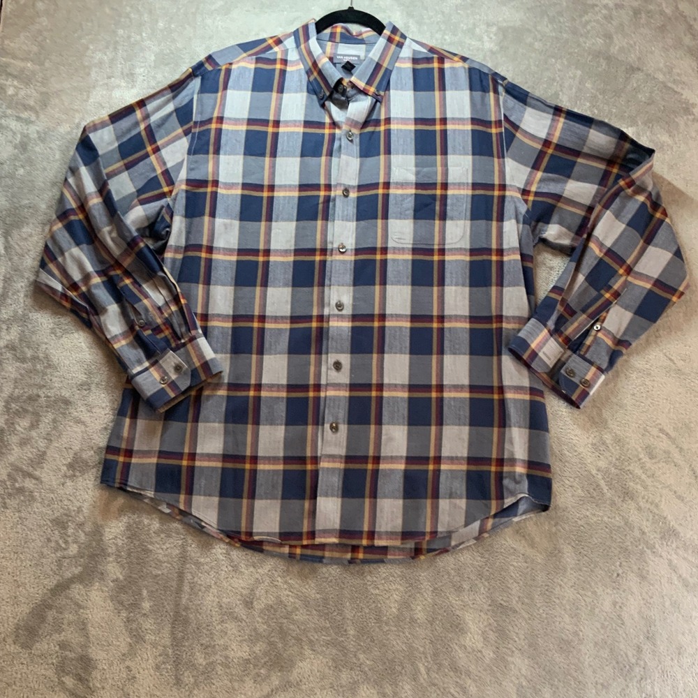 Van Heusen Flex Mens XL Plaid Button Down Shirt Blue Grey Burgundy Long Sleeve